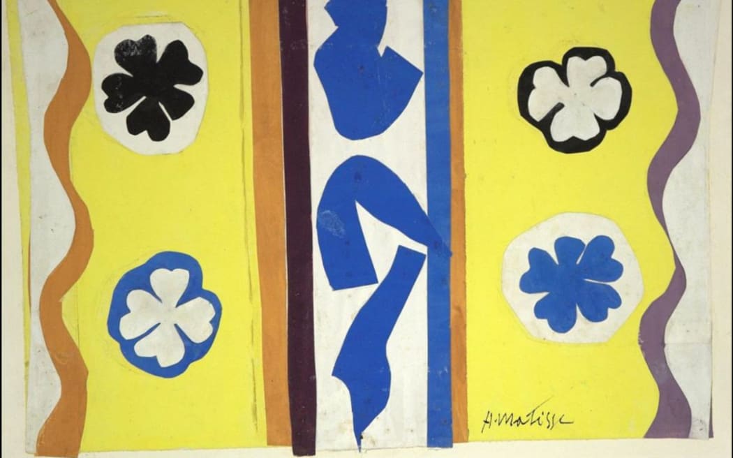 Henri Matisse's artwork 'Four Rose Windows with Blue Motifs'. This is an image made of cutout paper. It features four sort of clover / star shapes on a yellow background. The middle has some blue shapes.