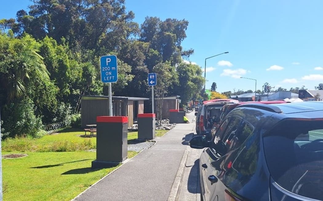 Kea proof bins lining a street next to a footpath.