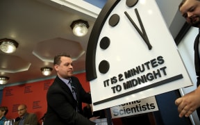 The Bulletin of the Atomic Scientists unveil the 2018 "Doomsday Clock" January 25, 2018 in Washington, DC.