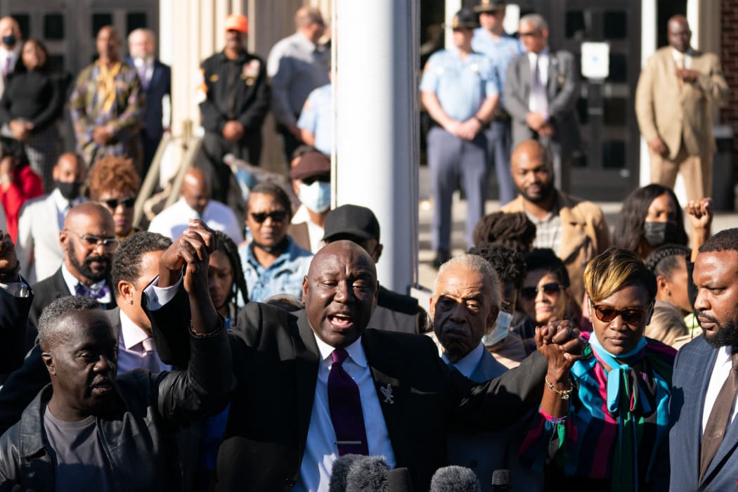 Marcus Arbery, father of Ahmaud Arbery, attorney Ben Crump, Rev. Al Sharpton, Wanda Cooper-Jones, mother of address members of the media following guilty verdicts for the defendants in the trial of the killers of Ahmaud Arbery on November 24, 2021
