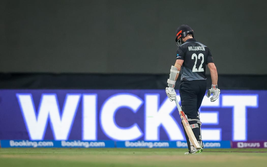 Black Caps captain Kane Williamson walks off the ground after being dismissed during the ICC Men's T20 World Cup semifinal between New Zealand and England at Sheikh Zayed Cricket Stadium, Abu Dhabi, UAE on Wednesday 10th November 2021.