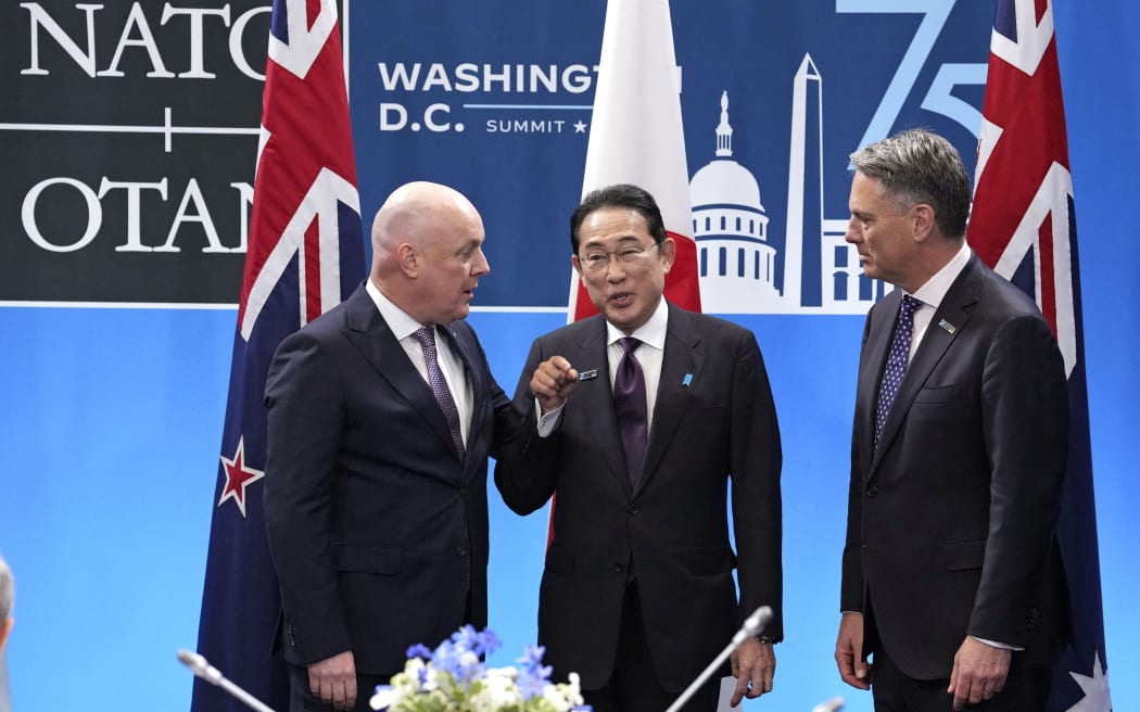 (Right to left) Australian Deputy Prime Minister and Defense Minister Richard Marles, Japanese Prime Minister Fumio Kishida and New Zealand Prime Minister Christopher Luxon chat before the Indo-Pacific partners meeting in Washington, D.C., the United States on July 11, 2024. Japan, jointly with its Indo-Pacific partners of South Korea, Australia and New Zealand will launch four new joint projects to deepen cooperation with NATO countries.