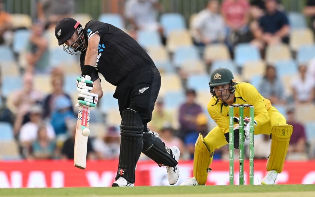 Daryl Mitchell of New Zealand batting against Australia in the first Chappell-Hadlee game in Cairns 2022.
