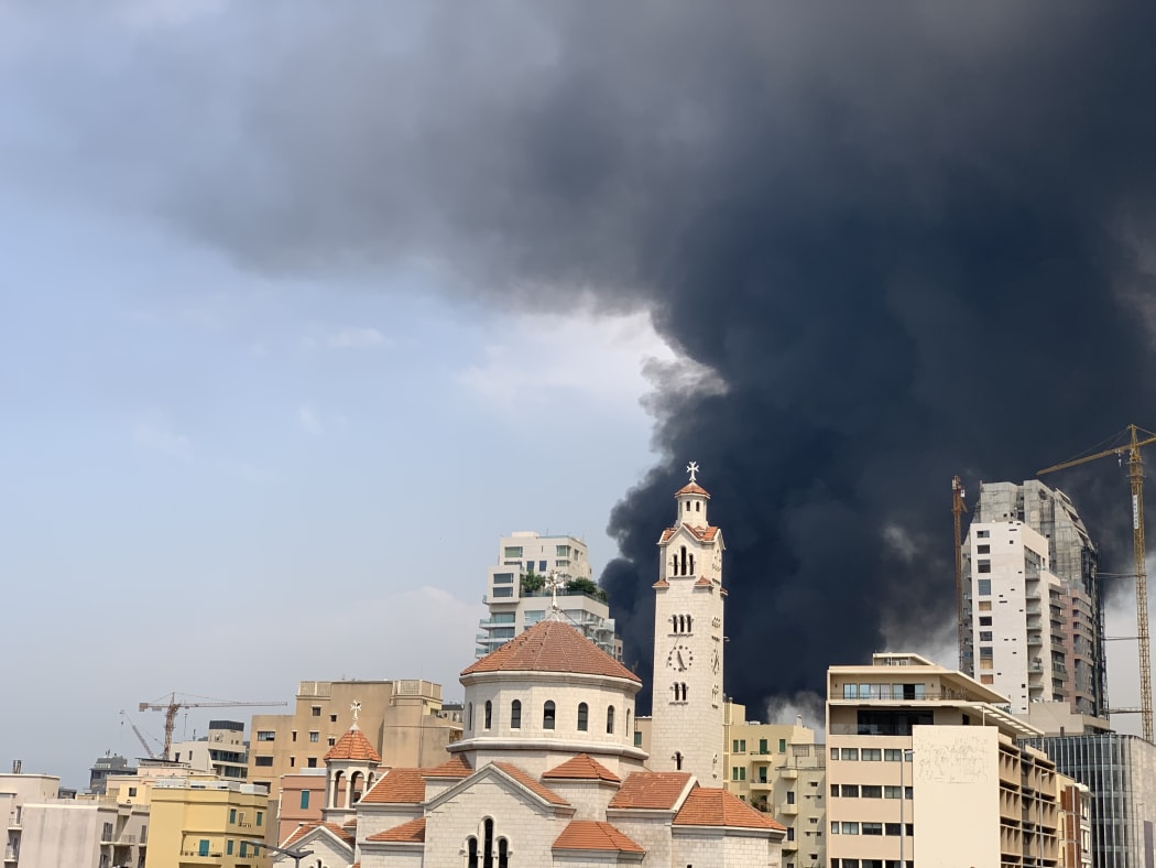 A picture shows smoke from a huge fire raging in Beirut port on September 10, 2020.