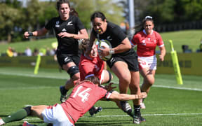 Sylvia Brunt on attack for New Zealand in the Women's Rugby World Cup pool game against Wales in Auckland.
