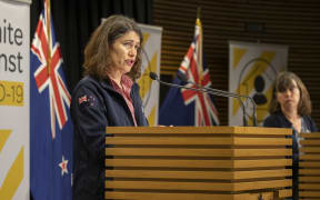 Civil Defence Director Sarah Stuart-Black, ledt, and Director of Public Health Dr Caroline McElnay during their media update at the Beehive Theatrette, Parliament, Wellington, on Day 7 of the Covid-19 coronavirus lockdown. 1 April, 2020.  New Zealand Herald photograph by Mark Mitchell
