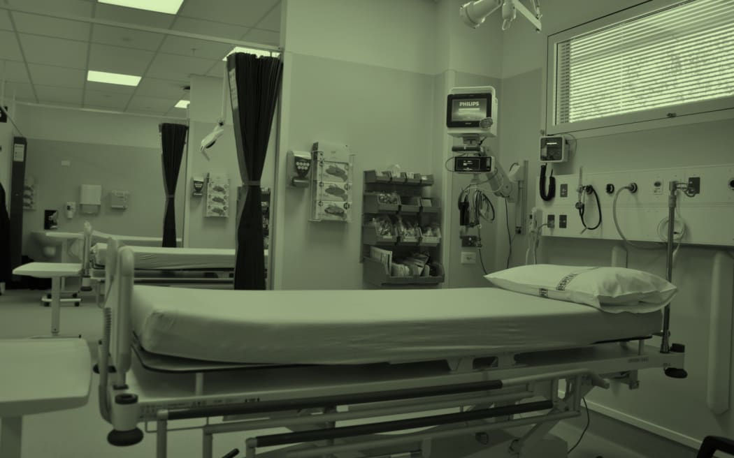 The image shows three hospital beds flanked by drawn curtains. There is a light green wash over the image.