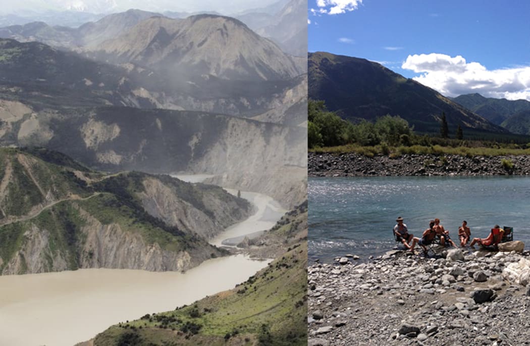 Dust rises from the Clarence River after the earthquake (right) and how it used to look in summer.