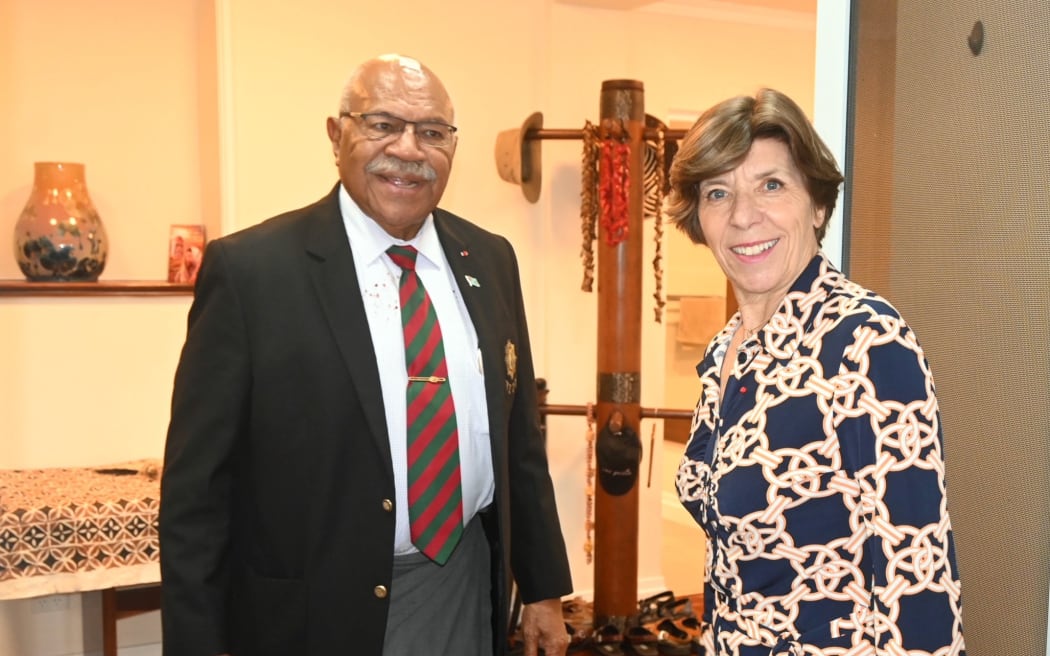 Fiji Prime Prime Minister Sitiveni Rabuka, left, and French Foreign Affairs Minister Catherine Colonna in Suva. 25 July 2023.
