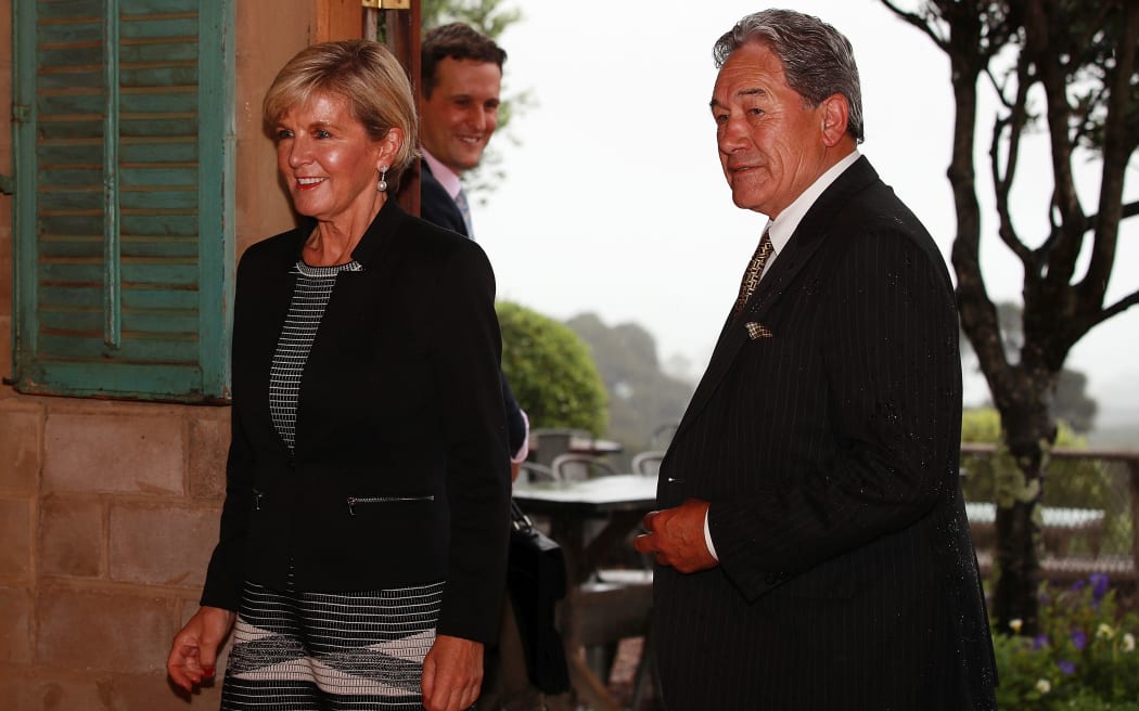Julie Bishop and Winston Peters arrive at their meeting on Waiheke Island.