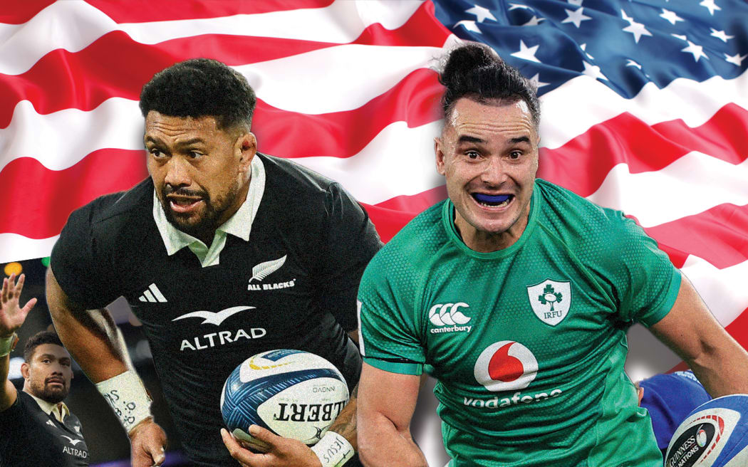 Graphic showing All Black and Ireland rugby union players in front of an American flag.