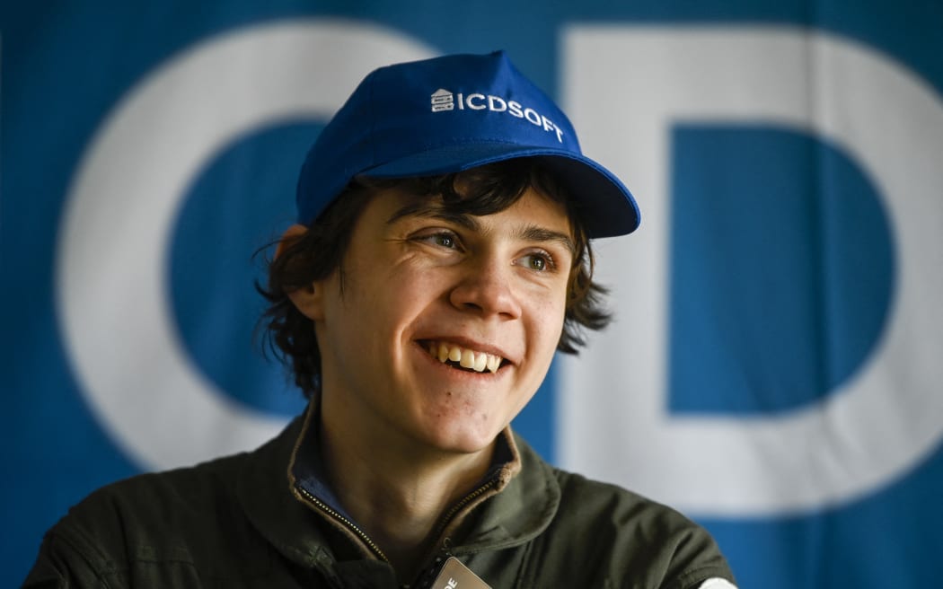 Mack Rutherford speaks to journalists prior to his departure for a record-breaking round-the-world solo trip at Sofia West airport near Radomir on March 23, 2022.