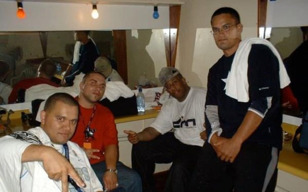 Sir-Vere, Ali and Shan backstage with Premier during a Gang Starr concert at the St James.