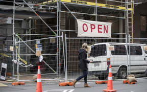 The cordon around quake-damaged buildings on Featherston Street in central Wellington.