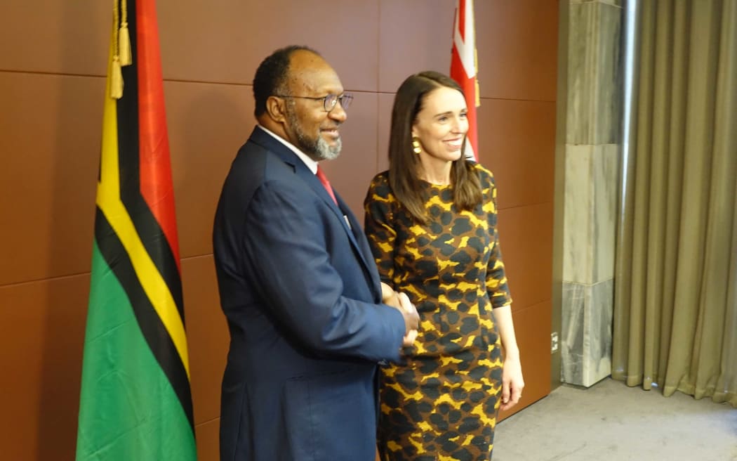 Vanuatu's prime minister Charlot Salwai meets New Zealand Prime Minister Jacinda Ardern.