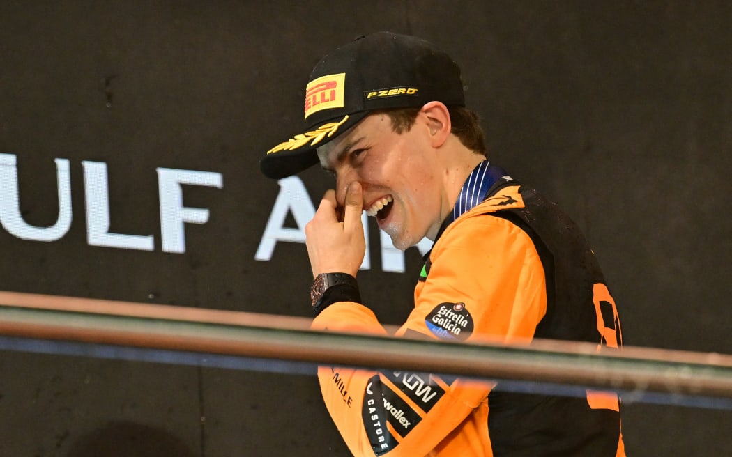 McLaren's Oscar Piastri enjoys the celebrations after his win in Bahrain Formula One Grand Prix, 14 April, 2025.