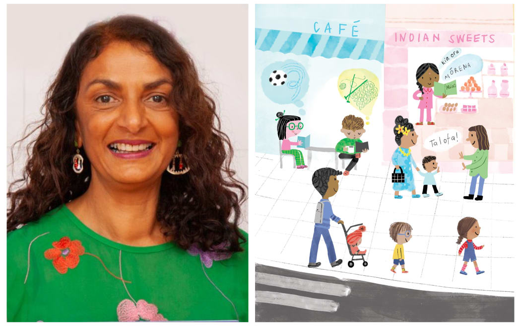 Author and illustrator Vasanti Unka next to one of her illustrations from 'Pukapuka'.