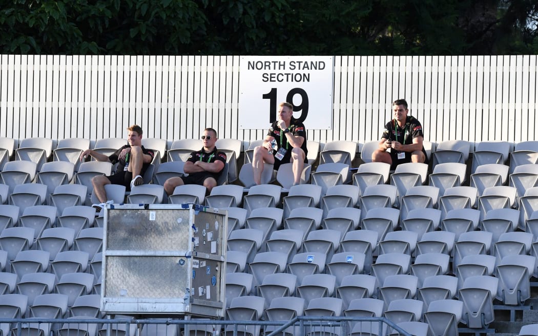 Panthers coaches watch from the empty stands.
2020 NRL Round 02 - St. George Illawarra Dragons v Penrith Panthers, Netstrata Jubilee Stadium.
