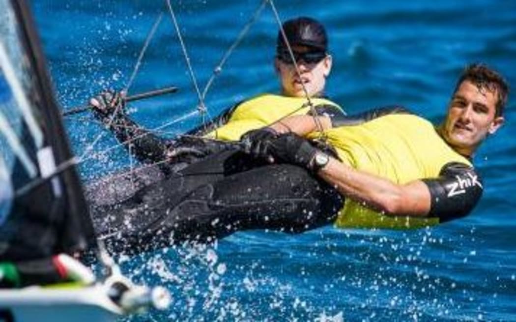 Peter Burling and Blair Tuke on their way to their 25th straight 49er regattta win, in Bacelona.