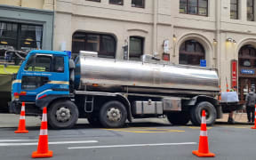 A water tanker to provide drinking water to people after a burst pipe left about 100 properties in the Wellington CBD without water on 14 September 2023.