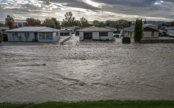 Houses on College Road, opposite the stopbank wall on the river Rangataiki that breached and flooded the majority of the town causing the evacuation of 1600 residents.  Thursday 6 April 2017