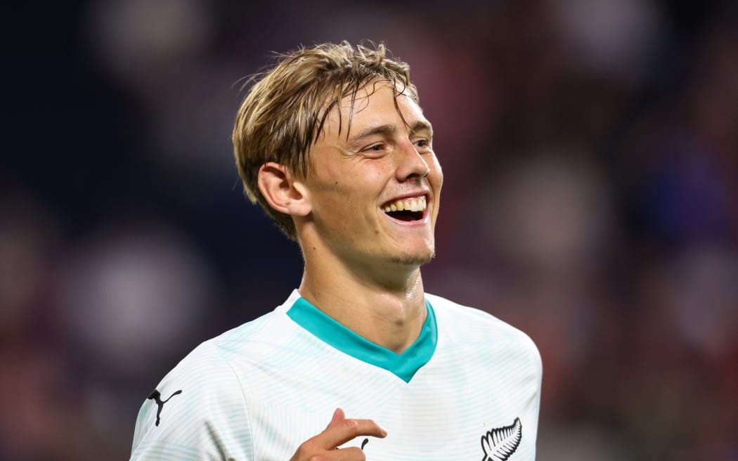 Ben Waine of New Zealand celebrates his goal against the USA, 2024.