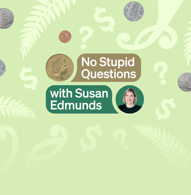 The background is a light green with a subtle pattern of dollar signs and question marks, and New Zealand banknote motifs. The title, "No Stupid Questions," is in a large gold speech bubble, and below it, "with Susan Edmunds" is in a large green speech bubble. Various New Zealand coins are scattered across the image.