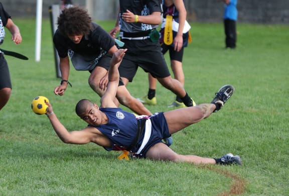 Whanganui City College (blue uniform) playing Te Kura o Nga Tapuwae from Mangere, South Auckland.