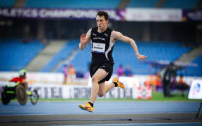 Will Stedman leaps in the men's long jump T36 final at the world para athletics championships in New Delhi, 6 October 2025. (Photo: Michael Thomas/Athletics New Zealand).