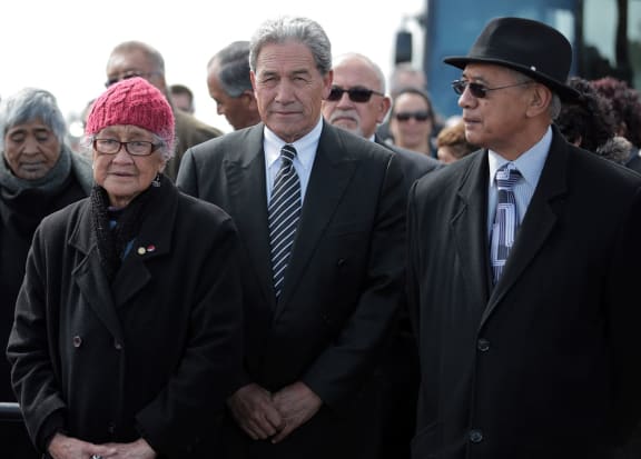 New Zealand First leader Winston Peters (centre) at Ratana Pa.