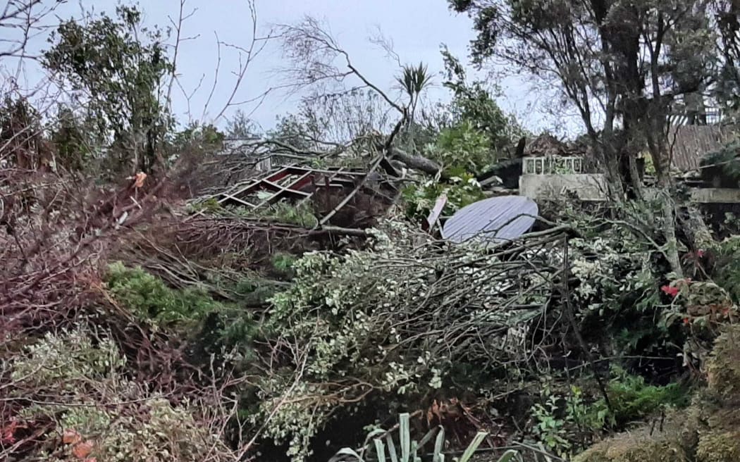 The tornado on 10 May 2023 damaged roofs on two houses in Awatuna, South Taranaki, toppled fences, snapped branches from trees and and tossed debris in the air.