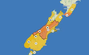 A MetService screenshot showing most of the South Island under weather warnings or watches for Sunday 8 December 2024.