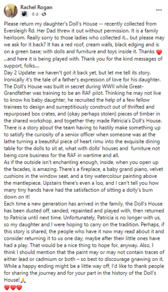 Rachel Rogan's post on the Devonport Locals Facebook page