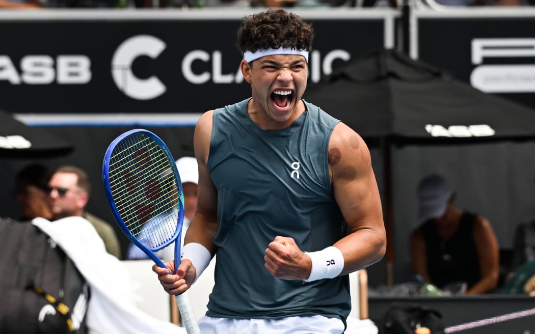 USA’s Ben Shelton during his first round singles match at the ASB Classic Men’s ATP 250 tennis tournament at Manuka Doctor Arena, Auckland.