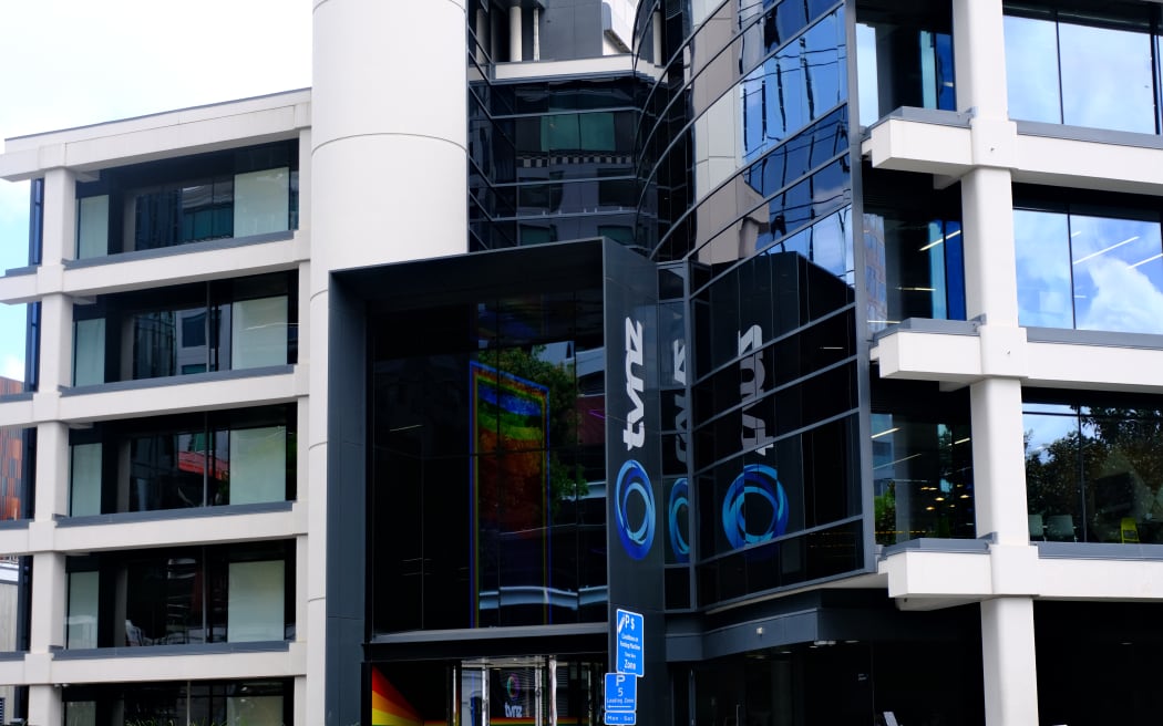 The TVNZ logo on the front side of the Auckland Central office.