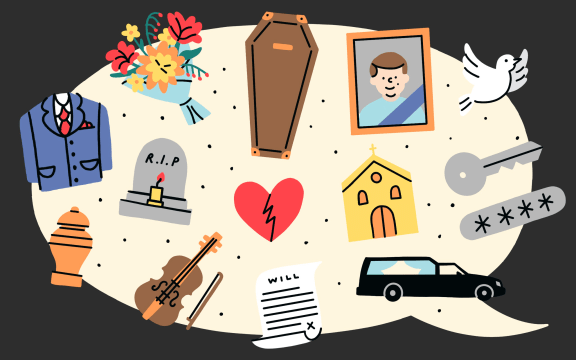 Stylised illustration of funeral related images in a speech bubble