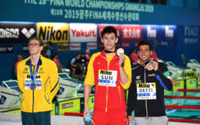 Silver medallist Australia's Mack Horton (left), gold medallist China's Sun Yang (centre) and bronze medallist Italy's Gabriele Detti.