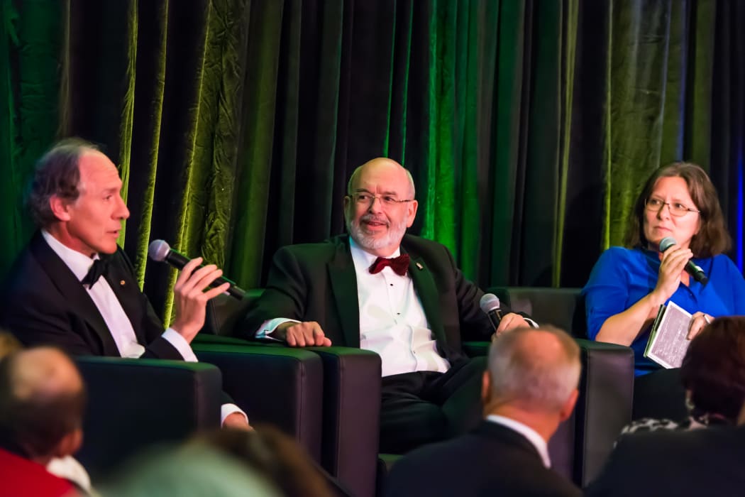Australia's newly-appointed chief scientist, Alan Finkel, in discussion with New Zealand's chief science advisor, Sir Peter Gluckman, chaired by Veronika Meduna at a trans-Tasman celebration at the Australian High Commission.