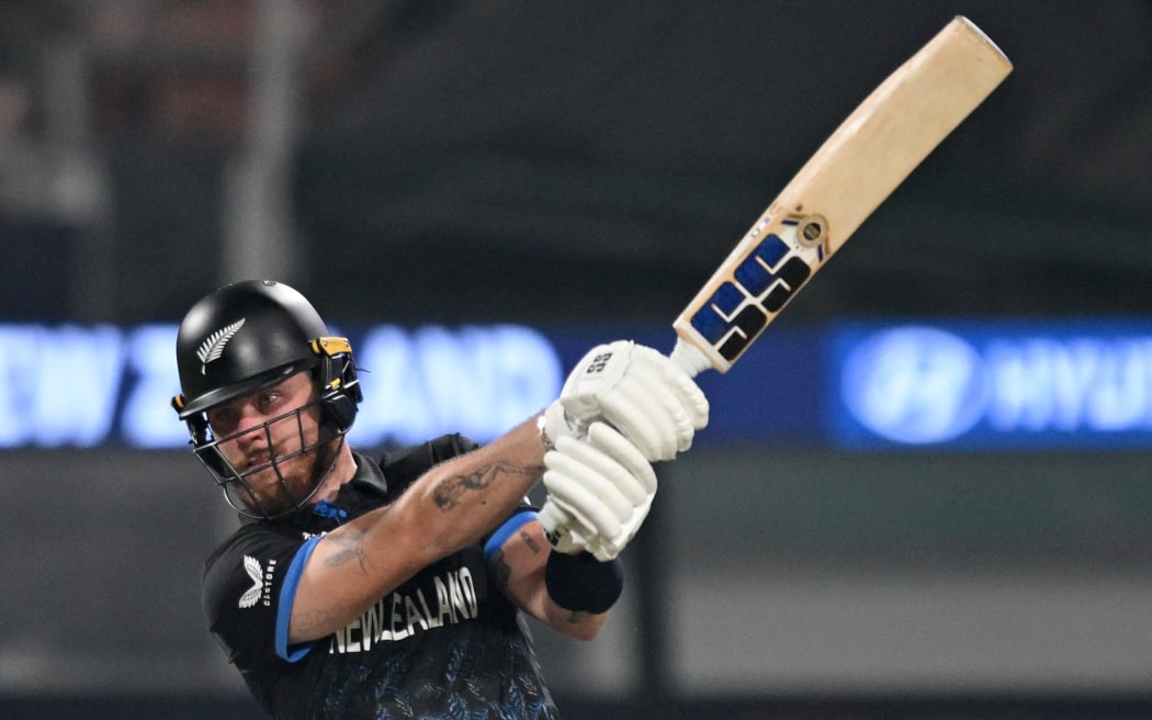 New Zealand's Finn Allen plays a shot during the 2026 ICC Men's T20 Cricket World Cup semi-final match against South Africa at the Eden Gardens in Kolkata on March 4, 2026. (Photo by Arun SANKAR / AFP)