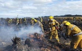 Firefighters working on putting out the Awarua Bay fire.