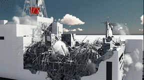 An animation showing the Chernobyl reactor lid lying on its side in the explosion crater. Overlaid are the pre-explosion position of the steam tanks, reactor hall floor and roof trusses.
