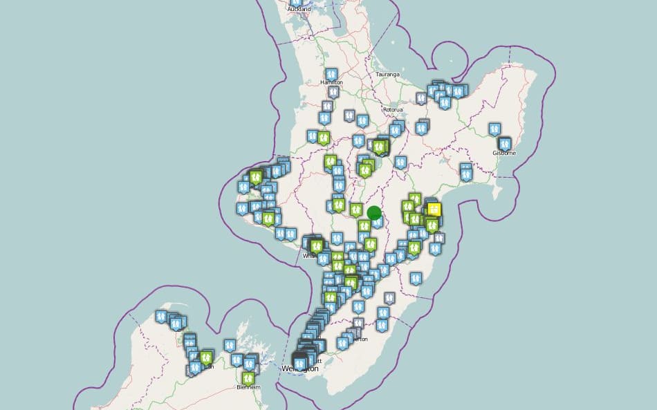The earthquake, which hit Taihape (green dot), was felt around the North Island.