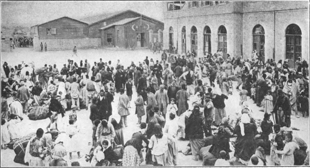 Armenians ordered by the authorities to gather in the main square of their city to be deported. The crowd was eventually massacred.
