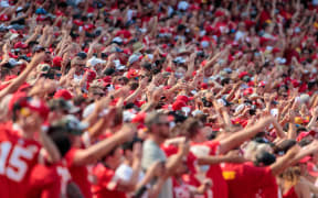 KANSAS CITY, MO - SEPTEMBER 12: Kansas City Chiefs fans do the tomahawk chop during the game against the Cleveland Browns on September 12, 2021, at GEHA field at Arrowhead Stadium in Kansas City, Missouri. (Photo by William Purnell/Icon Sportswire)