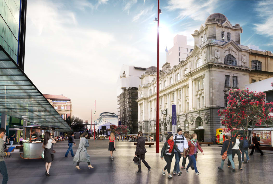 An artist's impression of a pedestrianised Lower Queen Street in front of Britomart.
