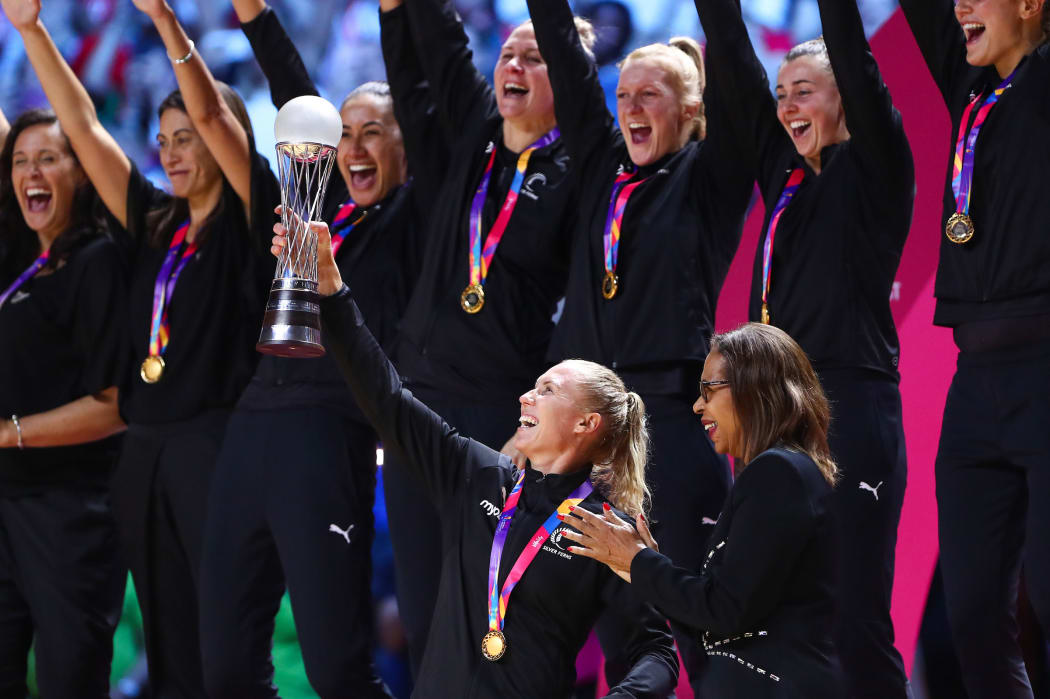 The Vitality Netball World Cup 2019 winners, Silver Ferns' Laura Langman with the trophy during the medal ceremony.