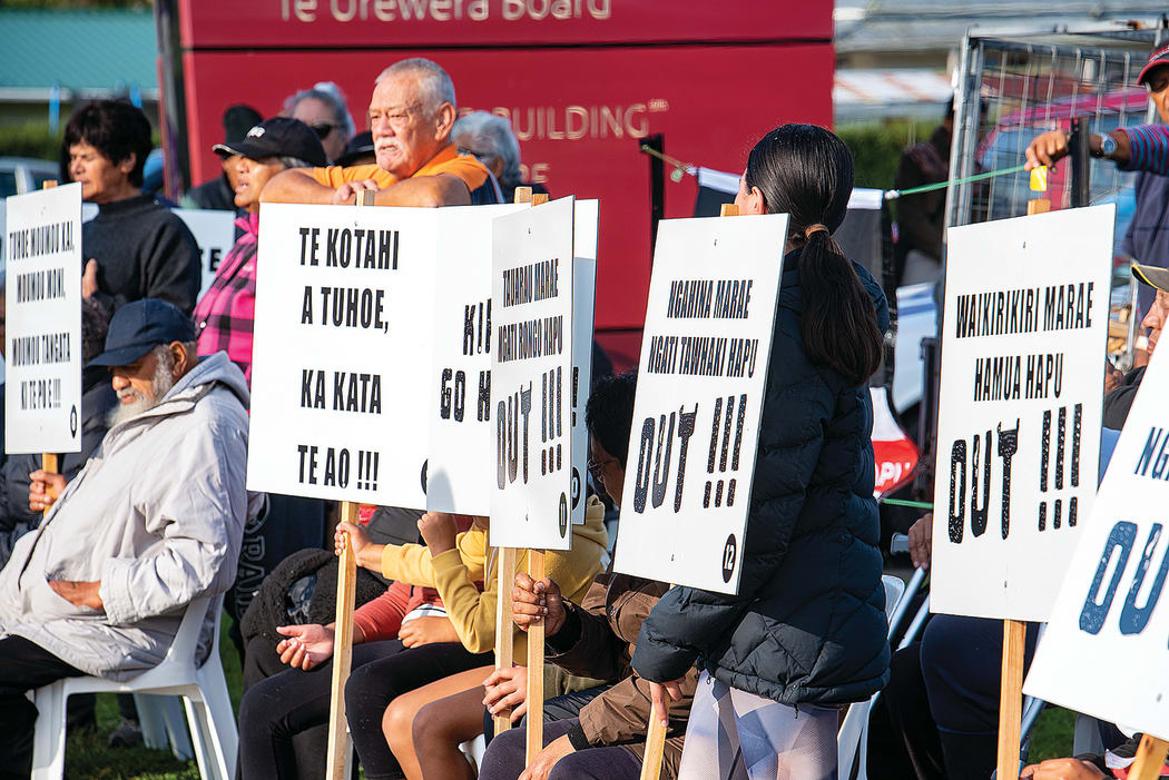 Protestors blocked off the driveway to Te Uru Taumatua offices on Friday morning.