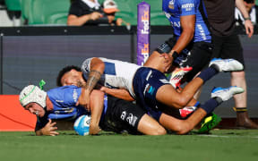 Mac Grealy scores a try during the round one Super Rugby Pacific match between Western Force and Moana Pasifika.