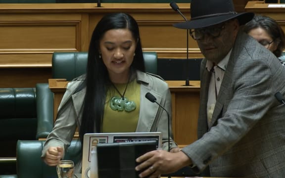 Hana-Rawhiti Maipi-Clarke addresses the House on the Local Government (Electoral Legislation and Māori Wards and Māori Constituencies) Amendment Bill on 24 July, 2024, as Te Pāti Māori co-leader Rawiri Waititi removes the object covering her laptop.