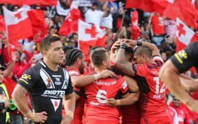Tonga celebrate a try. Kiwis v Tonga, Rugby League World Cup, Hamilton,  2017.